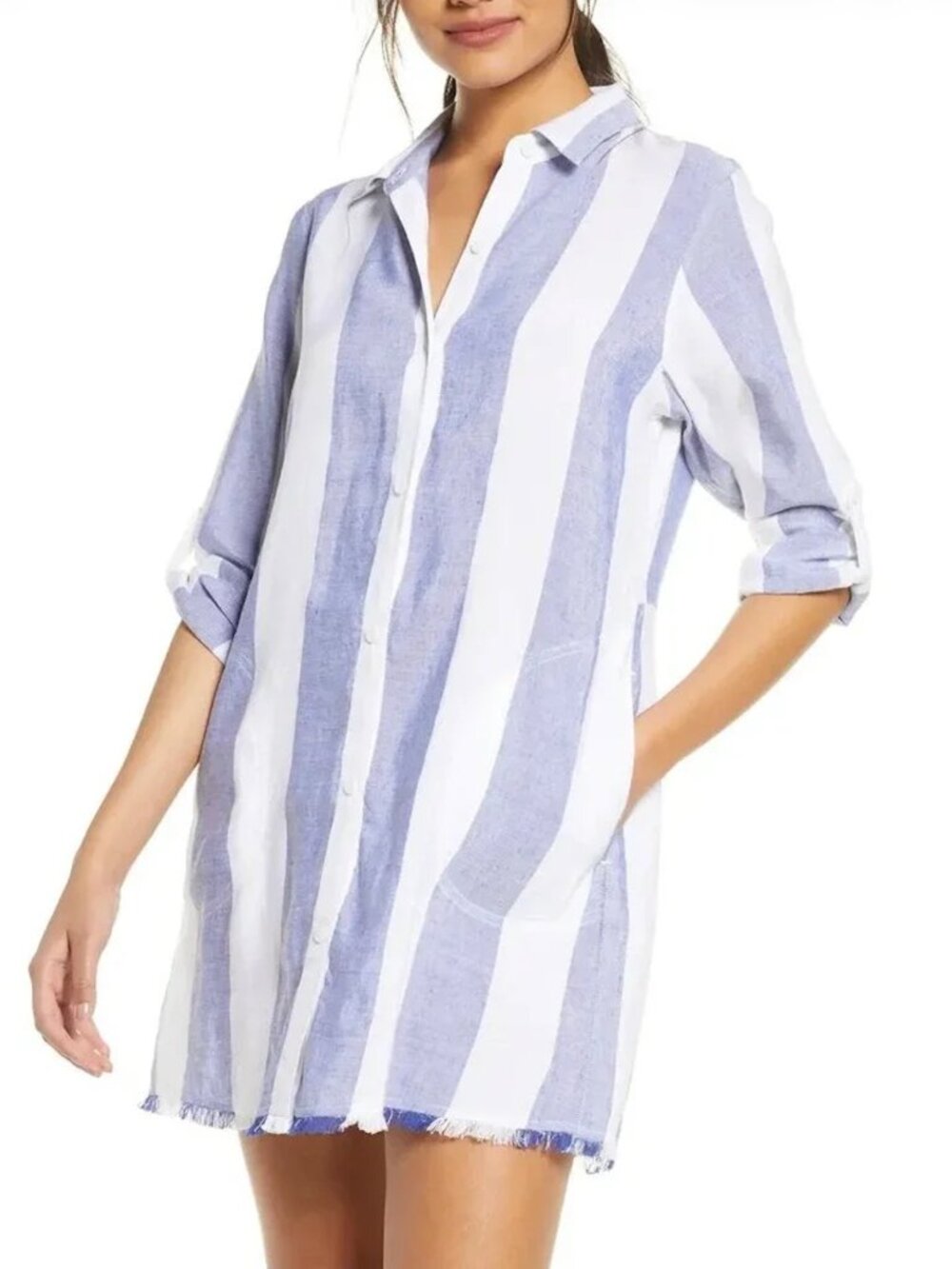 Tommy Bahama Linen Blend Striped Shirt Dress Cover Up Large Frayed Hem